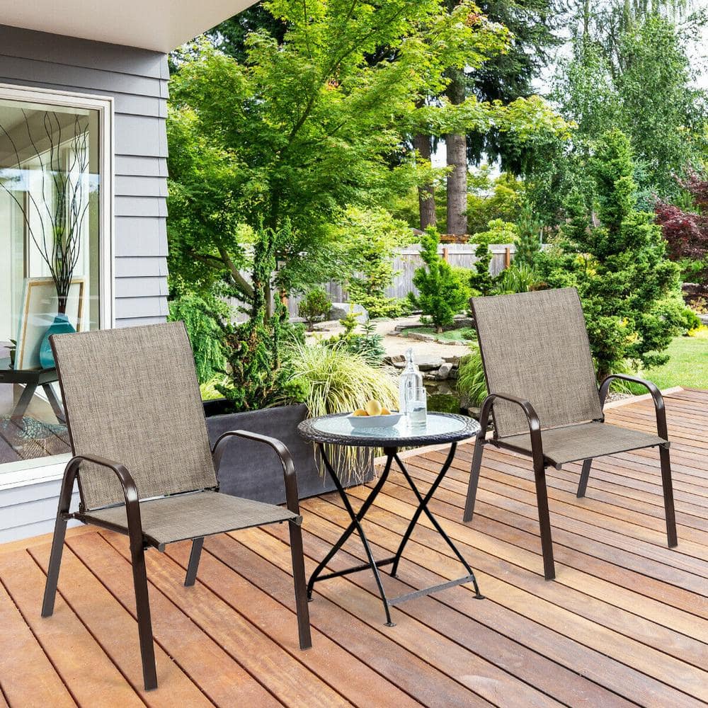 Gray Steel Frame Outdoor Dining Chairs with Armrests, Set of 2