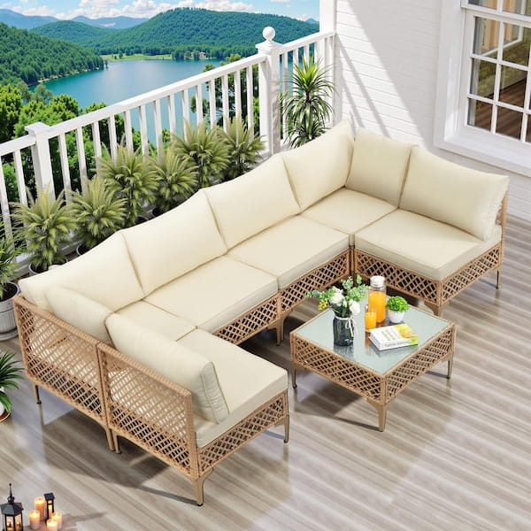 Bohemia All-Weather 7-Piece Brown Wicker Patio Furniture set Conversation Set with Beige Cushions&Coffee Table