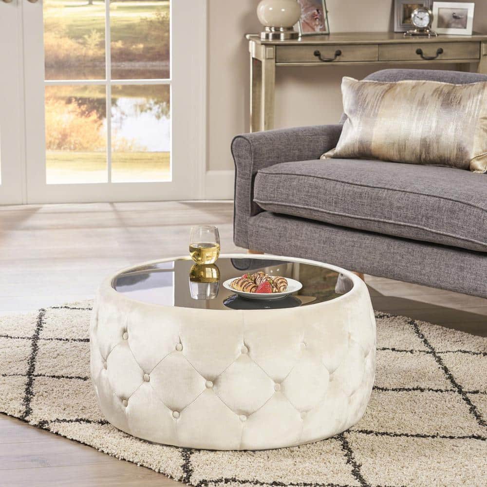 Elegant Round Beige Velvet & Glass Ottoman Coffee Table