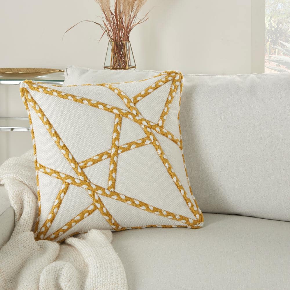 Yellow and Ivory Geometric Embroidered Outdoor Throw Pillow, 18" x 18"