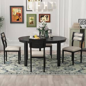 5-Piece Round Black Wooden Extendable Dining Table Set with 4 Upholstered Chairs