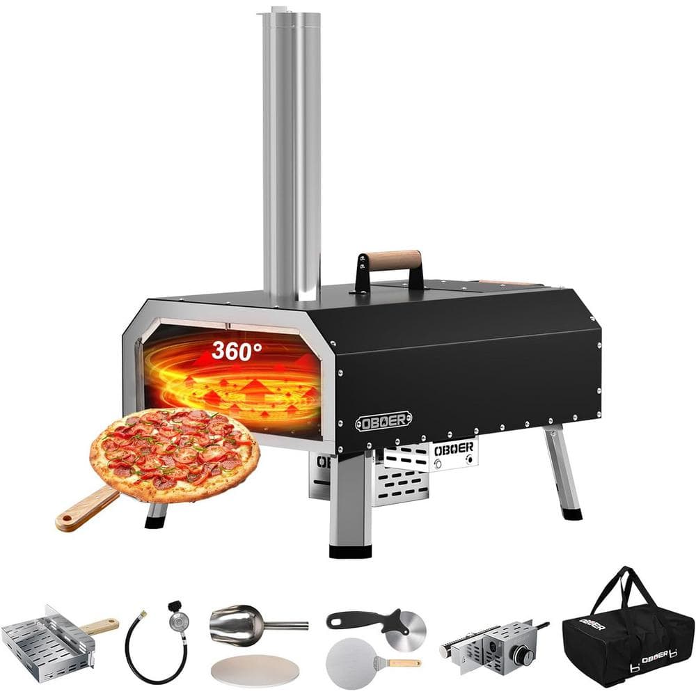 Portable Wood Pellet Outdoor Pizza Oven with 360Â°Auto Rotate, 13 in. Gas Propane and Wood Fired Pizza Maker