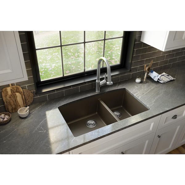 Karran Undermount Quartz Composite 32 in. 60/40 Double Bowl Kitchen Sink in Brown