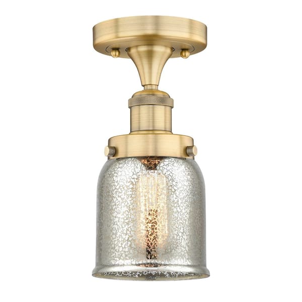Innovations Bell 5 in. 1-Light Brushed Brass Art Nouveau Semi-Flush Mount with Decorative Glass Shade