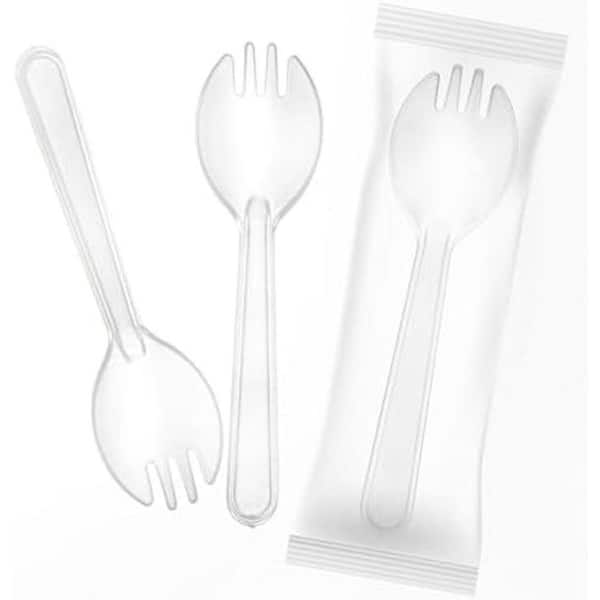 Clear Transparent Disposable Plastic Sporks Individually Wrapped Two in One Tableware Party Utensils (100 Per Case)