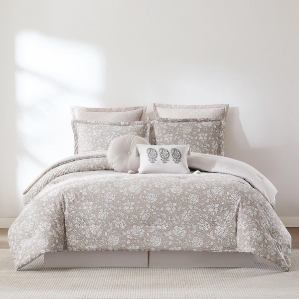 Zara Floral Block 8-Piece Neutral Cotton Queen Comforter Set