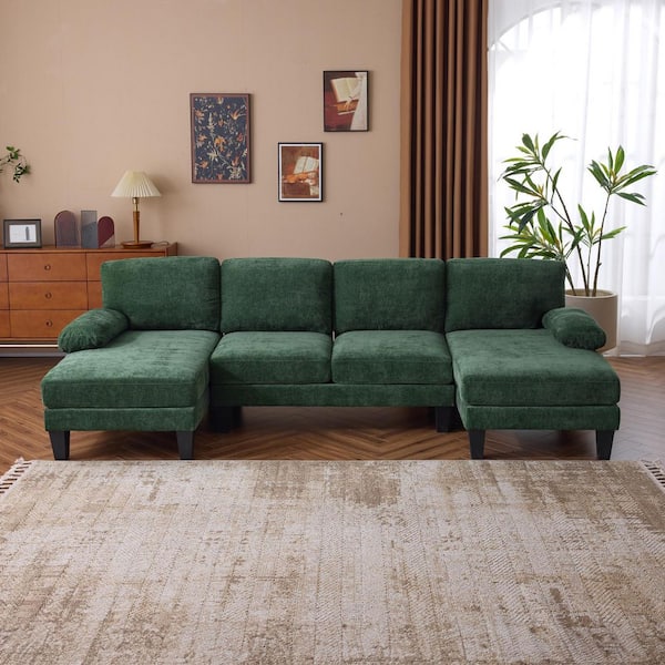 111 in. Pillow Top Arm 3-Piece U-Shaped Chenille Mordern Sectional Sofa in Green