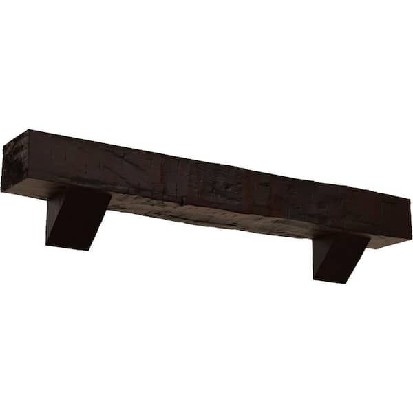 Ekena Millwork 8 in. x 8 in. x 3 ft. Hand Hewn Faux Wood Fireplace Mantel Kit with Breckinridge Corbels, Premium Hickory