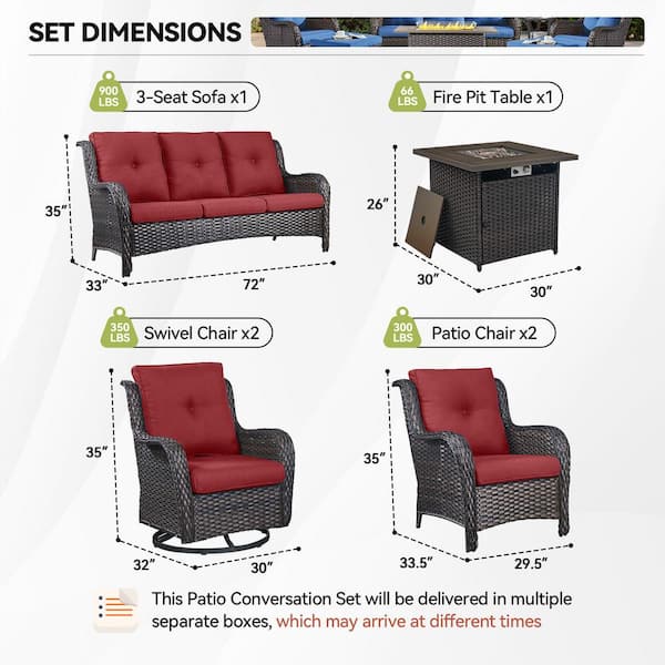 6-Piece Brown Wicker Fire Pit Conversation Set with Olefin Red Cushions and 2 Swivel Glider/ 2 Lounge Chairs and Couch