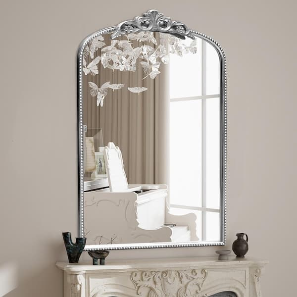 Sxiawe 24 in. W x 36 in. H Baroque Style Round Antique Silver Metal Framed Wall Mirror