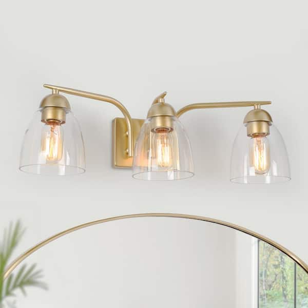 Zevni Modern Gold Bathroom Vanity Light, 22 in. 3-Light Bath Lighting for Powder Rooms, Bell Clear Glass Wall Sconce Lighting