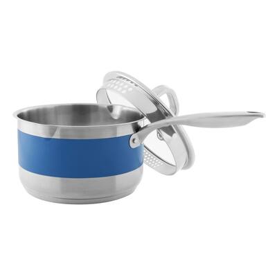 Stripes 2.5 qt. Stainless Steel Pouring Sauce Pan in Brushed Stainless Steel with Glass Lid and Blue Cove Band