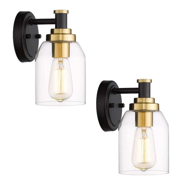 JAZAVA 4.7 in. 1-Light Black and Gold Finish with Clear Shade Vanity Light Sconces Lights (2-Pack)