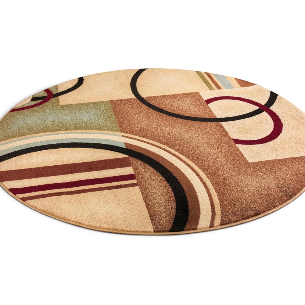 Ivory and Multicolor Round Geometric Area Rug 5'3"