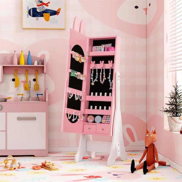 Costway Kids Jewelry Armoire Cabinet with 2 Tilt Angles & Large Capacity - Pink Costway Kids Jewelry Armoire Cabinet with 2 Tilt Angles & Large Capacity - Pink