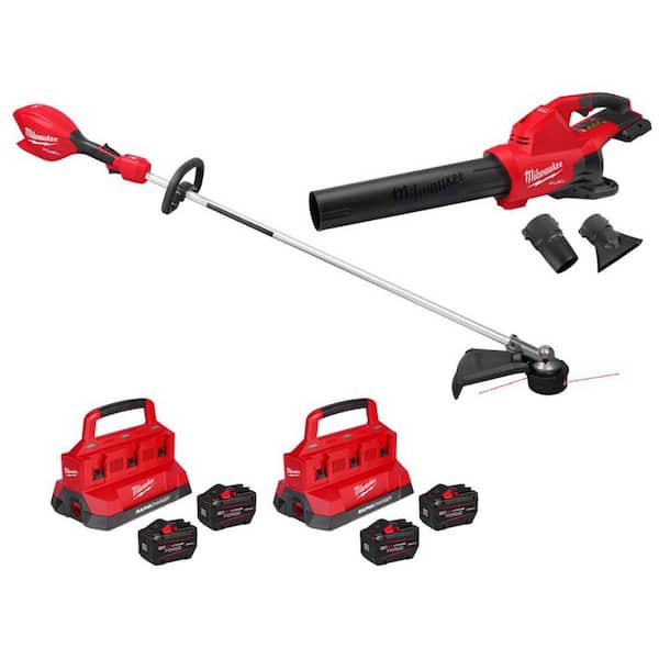 M18 FUEL 18V 16 in. Brushless Battery Straight Shaft String Trimmer w/ M18 Blower, (2) M18 FORGE 12.0 Ah Starter Kit