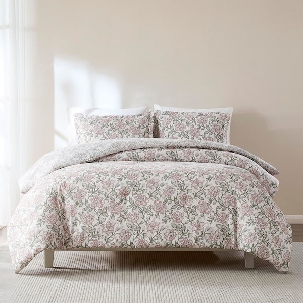 Lush Decor Zara Floral Block Reversible 3-Piece Misty Rose Microfiber Full/Queen Comforter Set