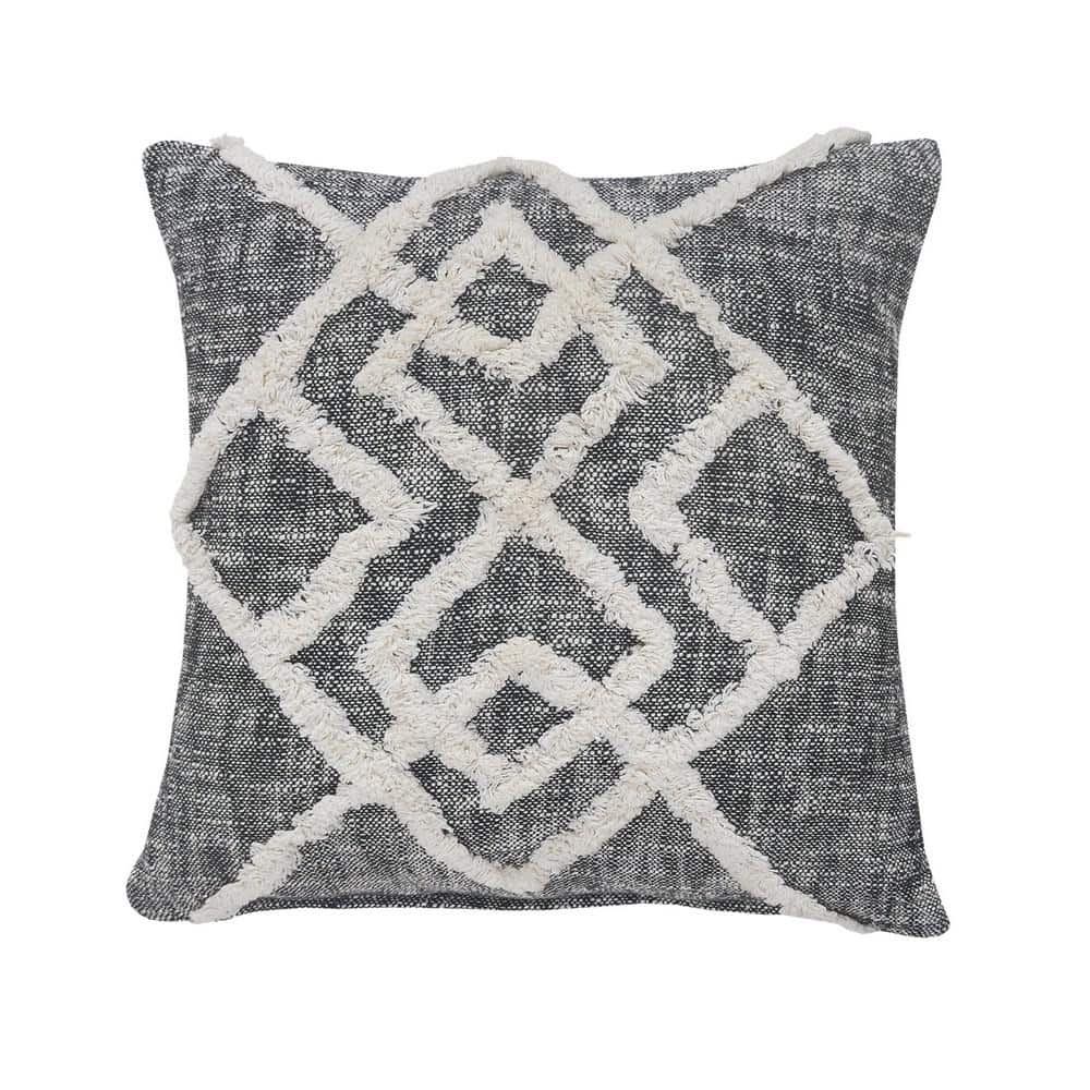 Tufted Black / Cream Geometric Diamond Cozy Poly-fill 20 in. x 20 in. Indoo