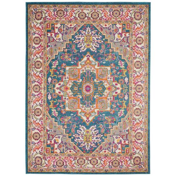 5' Round Nourison Passion Transitional Bohemian Teal Multicolor 5'3 x ROUND Area Rug, 5' Round Nourison Passion Transitional Bohemian Teal Multicolor 5'3 x ROUND Area Rug,
