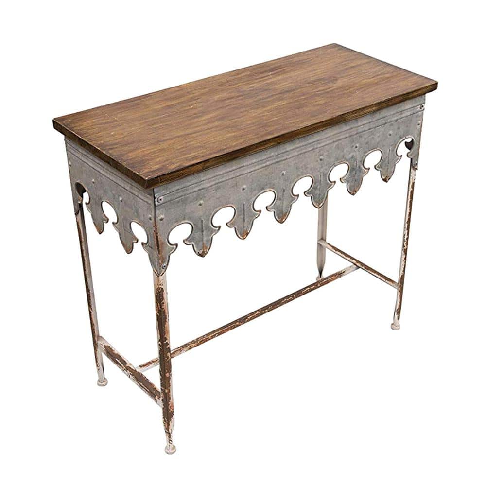 Scalloped Edge 36" Metal & Wood Console Table with Distressed Finish