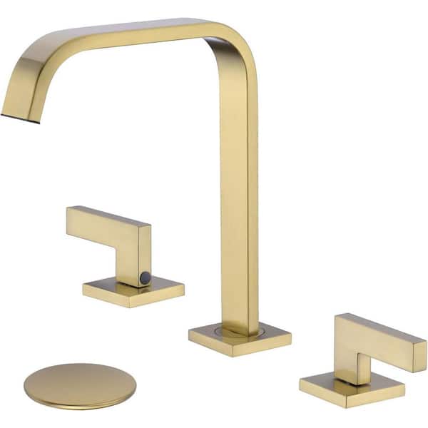 TRUSTMI Brass 8 in. Widespread Double Handle Bathroom Faucet with Pop-Up Drian Kit Water Supply Hoses, Brushed Gold