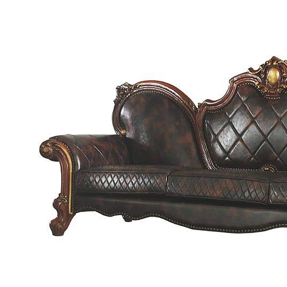 110'' Vintage Cherry Oak Faux Leather Tufted Sofa