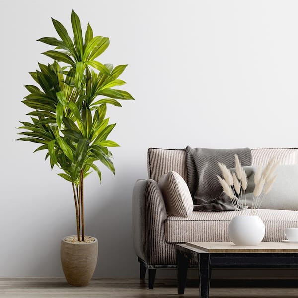 Nearly Natural 68 in. Dracaena Artificial Plant in Sand Colored Planter ...