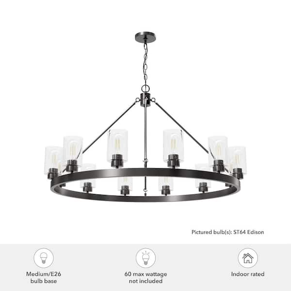 Hunter - Hartland 12-Light Noble Bronze Wagon Wheel Chandelier with Clear Seeded Glass Shades