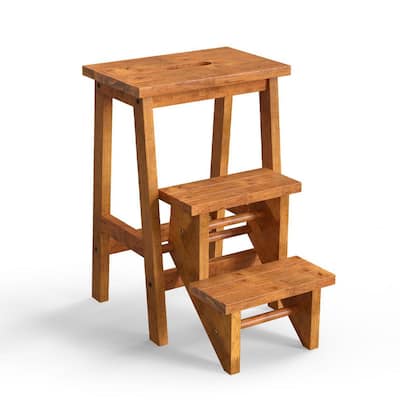 Wood Color + Cylficl Pedal Stool 3 Steps Wooden Folding Ladder Multi-functional Combination Stair Stool Home Step Stool