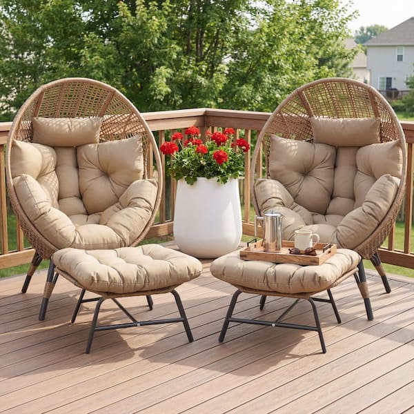 Set of 2 PE Wicker Indoor/Outdoor Lounge Egg Chairs with 2-Ottomans and Brown Cushions for Patio Porch Balcony