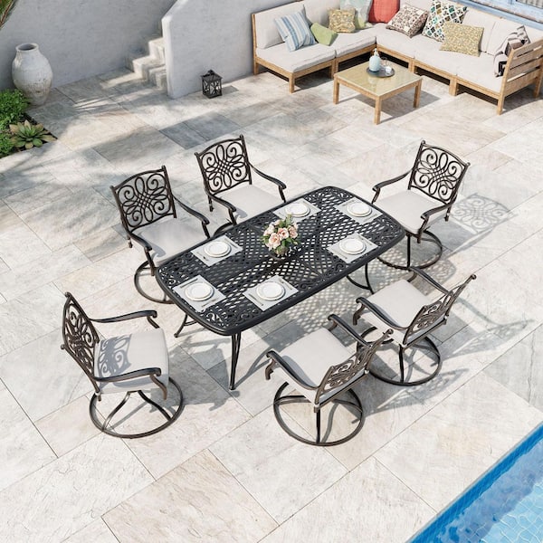 Clihome 7-Piece Cast Aluminum Outdoor Dining Set with Gray Cushions and Flower-Back Chairs for Patio Garden Backyard Use