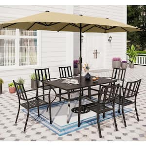 8-Piece Metal Rectangle Patio Outdoor Dining Set with Beige Umbrella