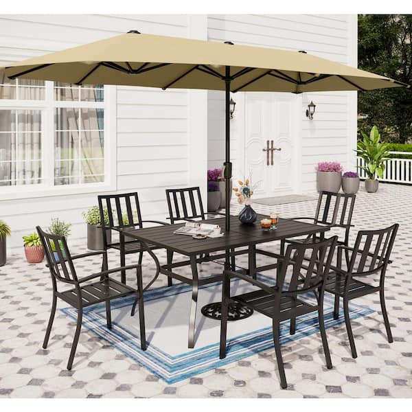 PHI VILLA 8-Piece Metal Rectangle Patio Outdoor Dining Set with Beige Umbrella