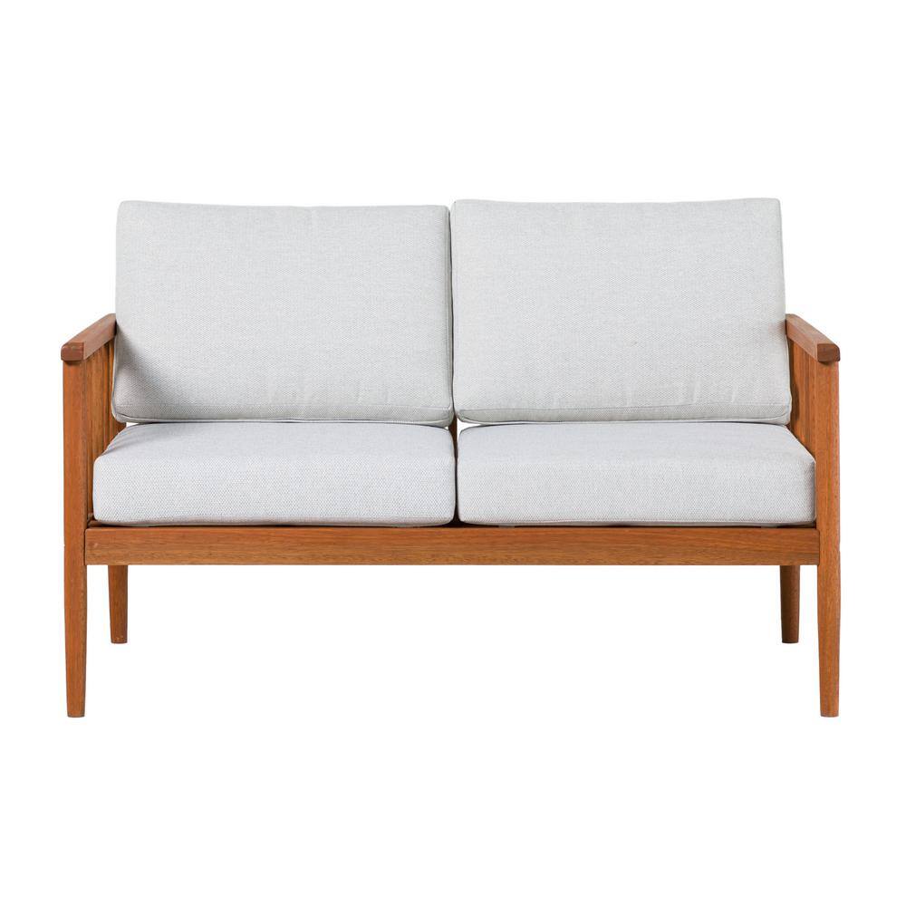 Brown Solid Eucalyptus Wood Outdoor Loveseat with White Cushions
