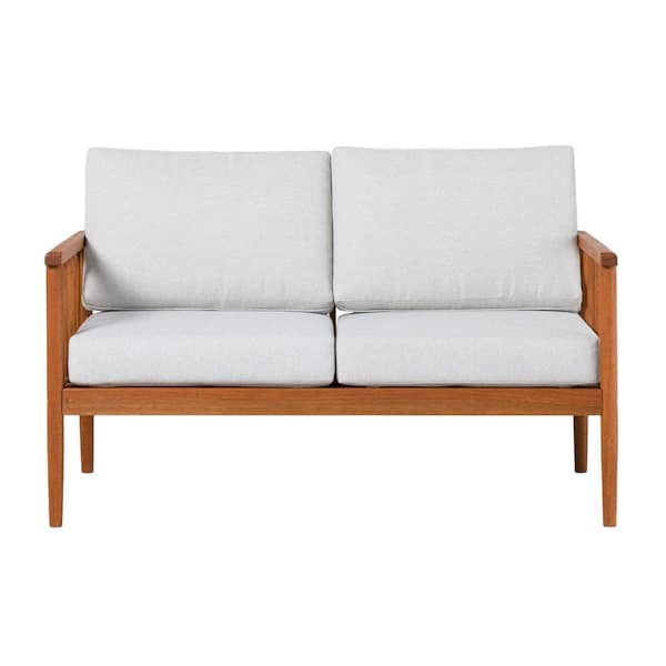 Unbranded Brown Solid Eucalyptus Wood Outdoor Loveseat with White Cushions