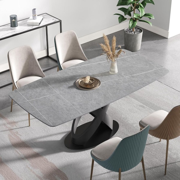 Magic Home 70.87 in. Modern Rectangular Grey Sintered Stone Top Cross Legs Black Carbon Steel Legs Dining Table (6 Seats)