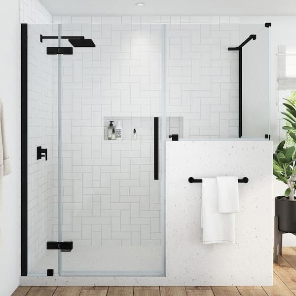 OVE Decors Tampa 66 7/8 in. W x in. H Rectangular Pivot Frameless Corner Shower Enclosure in Black with Buttress Panel