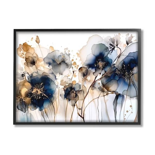 Stupell Industries Navy and Gold Abstraction by LSR Design Studio 1-Piece Black Framed Nature Giclee Art Print 14 in. x 11 in.