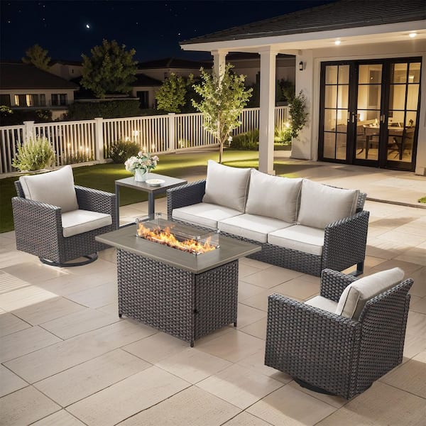 U-Frame 5-Piece Brown Wicker Fire Pit Conversation Set with Olefin Beige Cushions and Swivel Glider Chairs/Couch