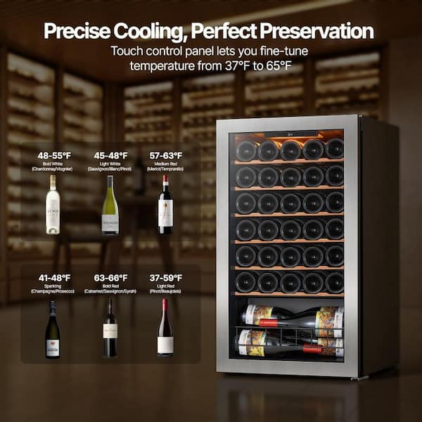 34-Bottle Single Zone Compressor Wine Cooler Refrigerator Mini Fridge Cellar Cooling Unit in Stainless Steel Low Nois