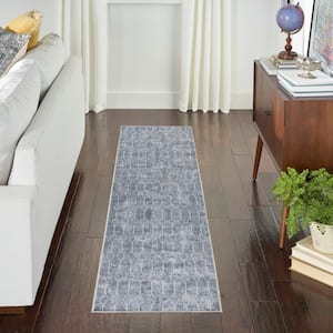 Machine Washable Series 1 Blue Grey 2 ft. x 6 ft. Geometric Contemporary Runner Area Rug