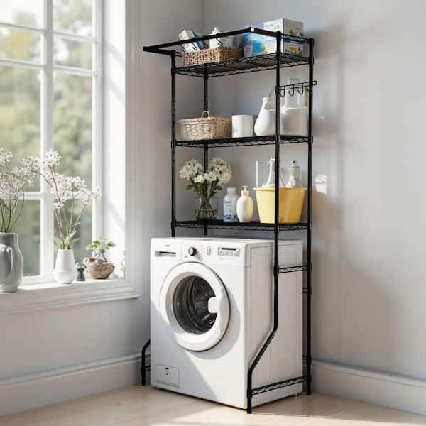 Over Washer and Dryer Storage Shelf, Adjustable Single Row Shelves, 3-Tier Laundry Rack with Hooks 2025 Update, Black