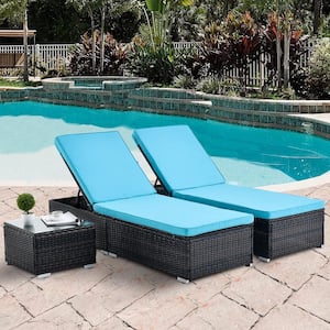 3-piece Brown PE Wicker, PE Rattan Outdoor Chaise Lounge with Blue Cushions and Adjustable Backrest, Reclining