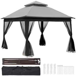 11 ft. x 11 ft. Gray Pop Up Gazebo Canopy Outdoor 2-Tier Soft Top Event Tent with Removable Zipper Netting