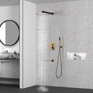1-Spray Patterns 3-Function 10 in. Wall Mounted Dual Shower Heads with Handheld and Tub Faucet, in Brushed Gold