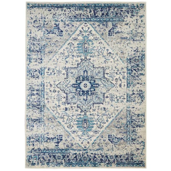 HomeRoots 5 ft. x 7 ft. Ivory And Blue Floral Medallion Distressed Area ...