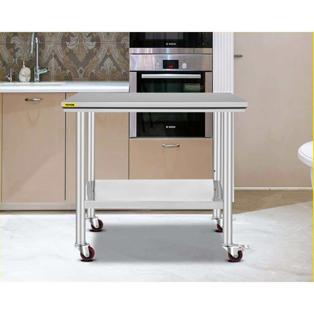 36-Inch Stainless Steel Kitchen Prep Table with Undershelf and Casters