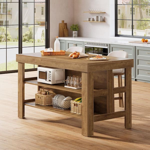 Brown Wood 55.12" in. Kitchen Island with Storage Shelves and Seating Space, Bar Cabinet with 2-Tier Open Shelves