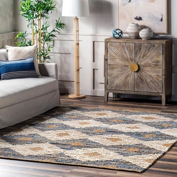Hand Braided Marla Denim And Jute Diamonds Off White 12 ft. x 15 ft. Area Rug