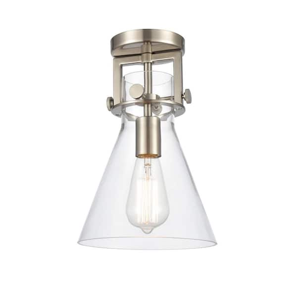 Newton Cone 8 in. 1-Light Satin Nickel Industrial Flush Mount with Clear Glass Shade